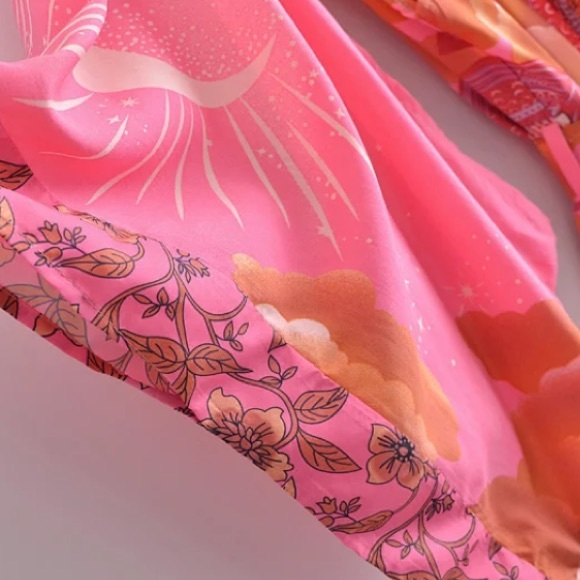 Fuchsia Pink Cosmic Galaxy Moon Boho Short Kimono Coverup Robe - Picture 2 of 10